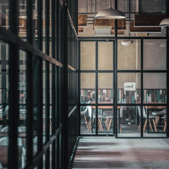 Office with glass walls and an industrial look