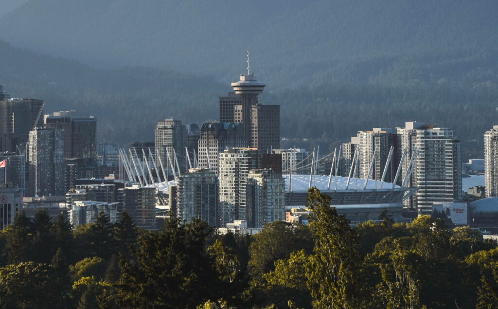 Vancouver skyline view focused on BC Place and the Lookout building